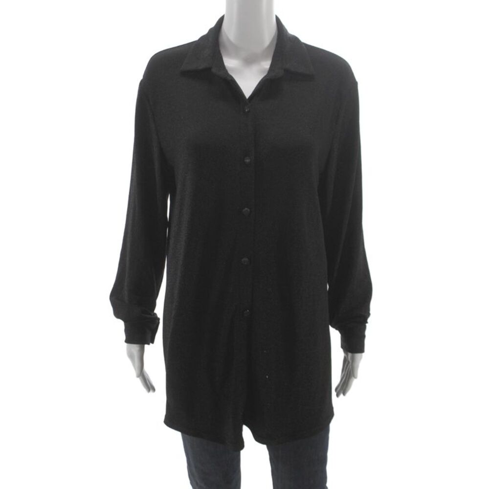 Muze Womens Black Collared Tunic Button Up Long Sleeve Polyester Sparkle Size L